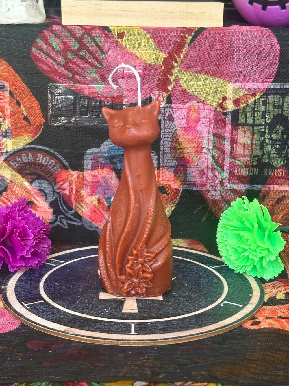Handmade Brown Floral Cat Candle – Tall Cat Figurine Candle